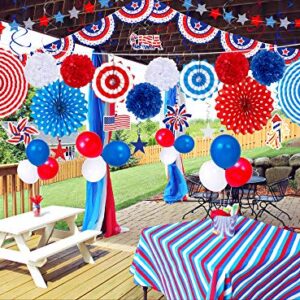 66PCS 4th/Fourth of July Decorations Set - Patriotic Paper Fans+Tissue Pom Poms+Star Streamer+American Flag Banner Garland+Hang Swirls+Balloons - Red White Blue USA Memorial Day Party Decor Supplies