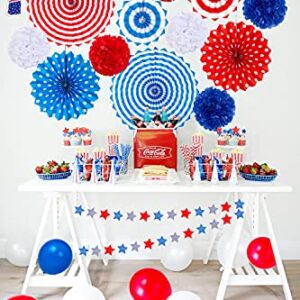 66PCS 4th/Fourth of July Decorations Set - Patriotic Paper Fans+Tissue Pom Poms+Star Streamer+American Flag Banner Garland+Hang Swirls+Balloons - Red White Blue USA Memorial Day Party Decor Supplies