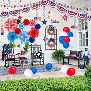 66PCS 4th/Fourth of July Decorations Set - Patriotic Paper Fans+Tissue Pom Poms+Star Streamer+American Flag Banner Garland+Hang Swirls+Balloons - Red White Blue USA Memorial Day Party Decor Supplies