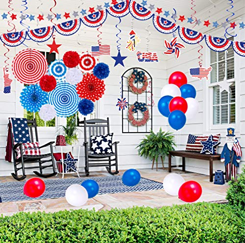 66PCS 4th/Fourth of July Decorations Set - Patriotic Paper Fans+Tissue Pom Poms+Star Streamer+American Flag Banner Garland+Hang Swirls+Balloons - Red White Blue USA Memorial Day Party Decor Supplies