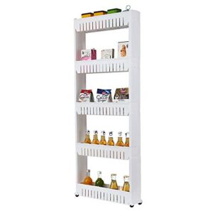 laundry room organizer, mobile shelving unit organizer with 5 large storage baskets, gap storage slim slide out pantry storage rack for narrow spaces/b-white/5 tier slim