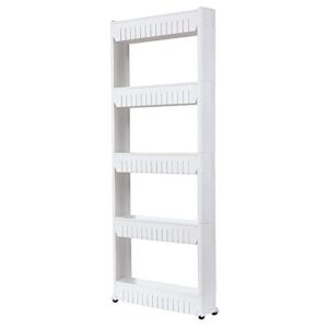 Laundry Room Organizer, Mobile Shelving Unit Organizer with 5 Large Storage Baskets, Gap Storage Slim Slide Out Pantry Storage Rack for Narrow Spaces/B-White/5 Tier Slim