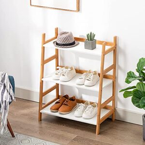 Forevich Ladder Shelf 3 Tier Bamboo Bookshelf Storage Rack Shelves Bookcase Plant Flower Stand for Living Room Bathroom Kitchen Ladder