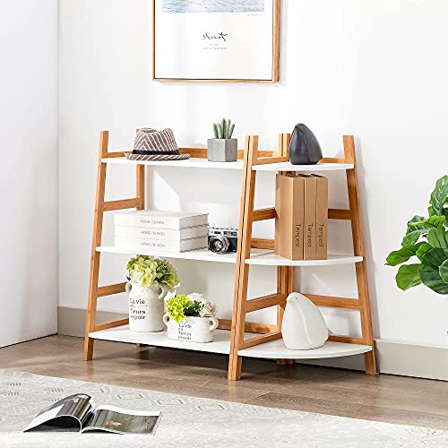 Forevich Ladder Shelf 3 Tier Bamboo Bookshelf Storage Rack Shelves Bookcase Plant Flower Stand for Living Room Bathroom Kitchen Ladder