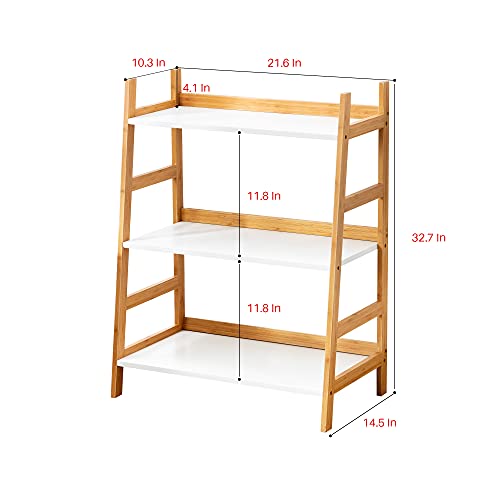 Forevich Ladder Shelf 3 Tier Bamboo Bookshelf Storage Rack Shelves Bookcase Plant Flower Stand for Living Room Bathroom Kitchen Ladder