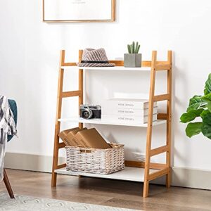 Forevich Ladder Shelf 3 Tier Bamboo Bookshelf Storage Rack Shelves Bookcase Plant Flower Stand for Living Room Bathroom Kitchen Ladder