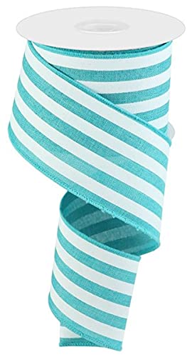 Vertical Stripe Wired Edge Ribbon - 10 Yards (Light Teal, White, 2.5 Inch)