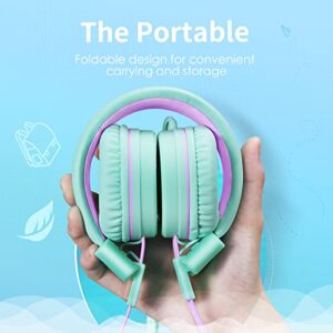 POWMEE P10 Kids Headphones with Microphone Stereo Headphones for Children Boys Girls,Adjustable 85dB/94dB Volume Control Foldable On-Ear Headphone with Microphone for School/PC/Cellphone(Green)