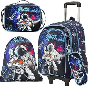 egchescebo kids rolling school backpack bags for boys school with wheels trolley roller wheeled 5pcs with lunch box cute astronaut pattern blue backpacks bags for boys