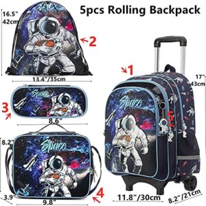 Egchescebo Kids Rolling School Backpack Bags for Boys School With Wheels Trolley Roller Wheeled 5PCS With Lunch Box Cute Astronaut Pattern Blue Backpacks Bags for Boys