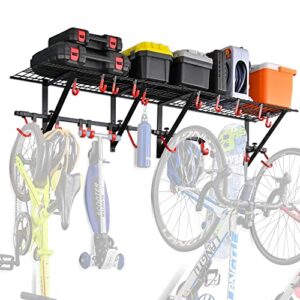 plkow garage wall shelving 2-pack includes bike hooks, sturdy adjustable garage shelving wall mount garage wall organizer (black, 2-pack)