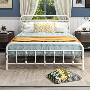 diolong queen bed frame with headboard and footboard metal bed frame vintage sturdy mattress foundation no box spring needed (white, queen)