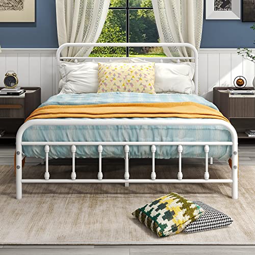 Diolong Queen Bed Frame with Headboard and Footboard Metal Bed Frame Vintage Sturdy Mattress Foundation No Box Spring Needed (White, Queen)