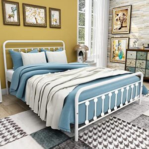 Diolong Queen Bed Frame with Headboard and Footboard Metal Bed Frame Vintage Sturdy Mattress Foundation No Box Spring Needed (White, Queen)