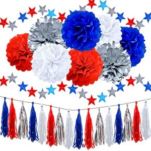 pheila 30 pcs tissue paper pom poms red white navy blue silver tassels garland glitter stars paper garlands patriotic decorations nautical party supplies photo booth props backdrop door wall decor