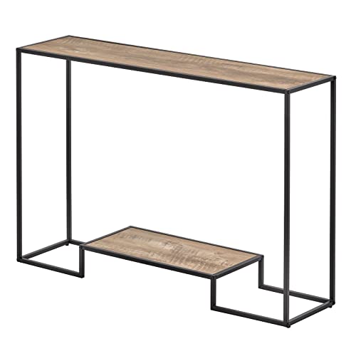 mDesign Modern Wood Inlay Console Table - Sturdy Metal Frame, Wood Top - Furniture Unit for Living Room, Bedroom, Hallway, Entryway - Inlay Bottom Shelf - Black/Gray Wash