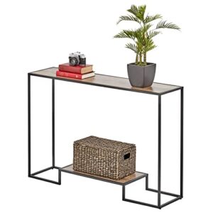 mdesign modern wood inlay console table - sturdy metal frame, wood top - furniture unit for living room, bedroom, hallway, entryway - inlay bottom shelf - black/gray wash