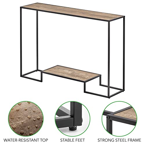 mDesign Modern Wood Inlay Console Table - Sturdy Metal Frame, Wood Top - Furniture Unit for Living Room, Bedroom, Hallway, Entryway - Inlay Bottom Shelf - Black/Gray Wash