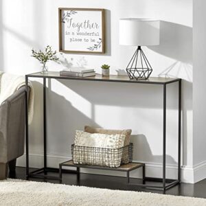 mDesign Modern Wood Inlay Console Table - Sturdy Metal Frame, Wood Top - Furniture Unit for Living Room, Bedroom, Hallway, Entryway - Inlay Bottom Shelf - Black/Gray Wash