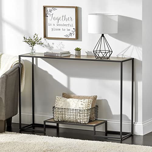 mDesign Modern Wood Inlay Console Table - Sturdy Metal Frame, Wood Top - Furniture Unit for Living Room, Bedroom, Hallway, Entryway - Inlay Bottom Shelf - Black/Gray Wash