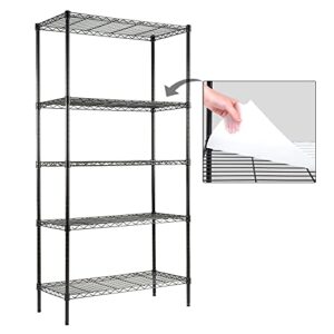 efine 5-shelf shelving unit with shelf liners set of 5, adjustable, steel wire shelves, 150lbs loading capacity per shelf, shelving units and storage for kitchen and garage (30w x 14d x 60h) black