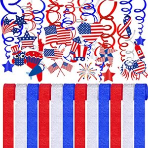 bulk patriotic party decoration assortment red white blue crepe paper streamers hanging swirls foil steamers with assorted american flag star cutouts for 4th of july independence day memorial day