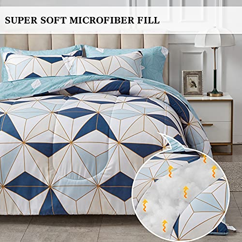 FlySheep Bed in a Bag 7 Pieces Queen Size, Modern Blue Triangles Geometric Style, Microfiber Comforter Sheet Set (1 Comforter, 1 Flat Sheet, 1 Fitted Sheet, 2 Pillow Shams, 2 Pillowcases)