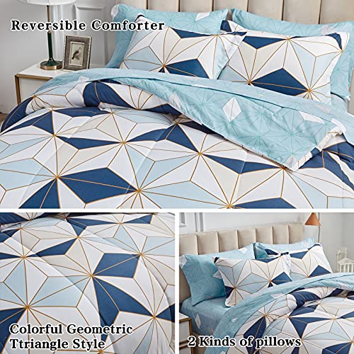 FlySheep Bed in a Bag 7 Pieces Queen Size, Modern Blue Triangles Geometric Style, Microfiber Comforter Sheet Set (1 Comforter, 1 Flat Sheet, 1 Fitted Sheet, 2 Pillow Shams, 2 Pillowcases)