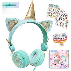 girls pink unicorn wired headphones,cute cat ear kids game headset for boys teens tablet laptop pc,over ear children headset withmic,for school birthday xmas gifts (unicorn-green)