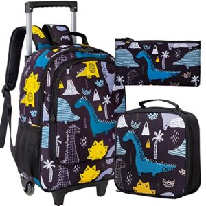 3pcs kids rolling backpack, boys roller wheels bookbag, wheeled school bag with lunch bag - dinosaur