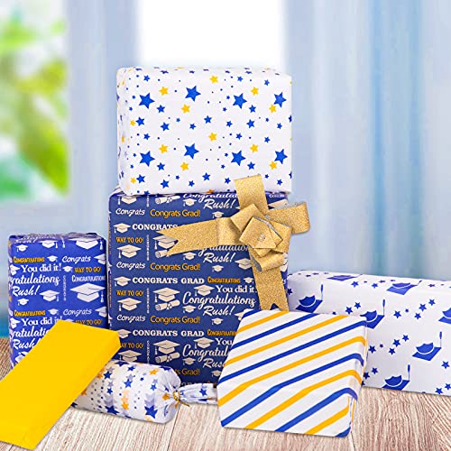 Whaline Graduation Tissue Paper Bulk 6 Style Gift Wrapping Paper White Blue Gold Congrats Grad Star Grad Cap Decorative Art Tissue for DIY Crafts Graduation Party Gift Packing Supplies, 90 Sheet