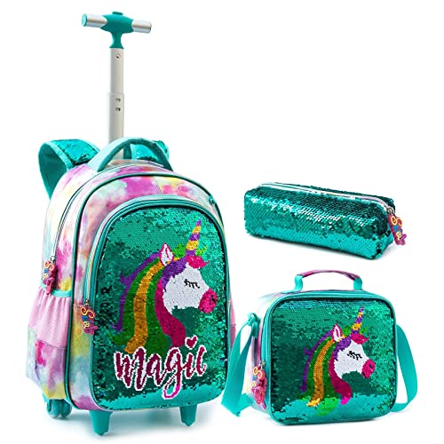 IvyH Wheeled Backpack for Girls, Kids Backpack Trolley Bag with Lunch Bag Pencil Case Sequins Primary School Bag Set 16 inch PU Pupils Satchel Rolling Backpack for Girls