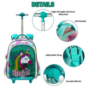 IvyH Wheeled Backpack for Girls, Kids Backpack Trolley Bag with Lunch Bag Pencil Case Sequins Primary School Bag Set 16 inch PU Pupils Satchel Rolling Backpack for Girls