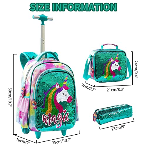 IvyH Wheeled Backpack for Girls, Kids Backpack Trolley Bag with Lunch Bag Pencil Case Sequins Primary School Bag Set 16 inch PU Pupils Satchel Rolling Backpack for Girls