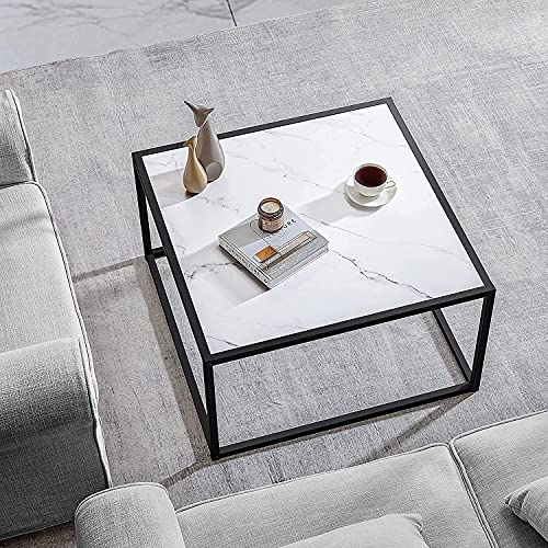 SAYGOER Marble Coffee Table Small Square Coffee Tables Simple Modern Center Table for Living Room Home Office 27.6 * 27.6 * 15.7, Easy Assembly, White Faux Marble