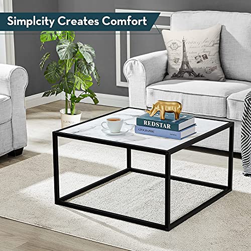 SAYGOER Marble Coffee Table Small Square Coffee Tables Simple Modern Center Table for Living Room Home Office 27.6 * 27.6 * 15.7, Easy Assembly, White Faux Marble