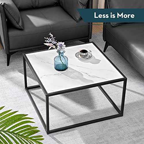 SAYGOER Marble Coffee Table Small Square Coffee Tables Simple Modern Center Table for Living Room Home Office 27.6 * 27.6 * 15.7, Easy Assembly, White Faux Marble