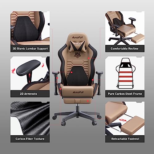 AutoFull C3 Gaming Chair Office Chair PC Chair with Ergonomics Lumbar Support, Racing Style PU Leather High Back Adjustable Swivel Task Chair with Footrest (Brown)