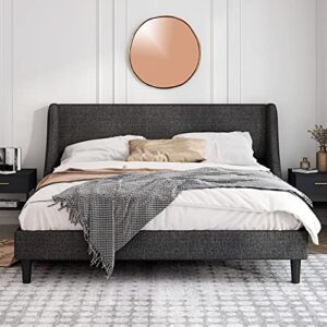 Einfach King Size Platform Bed Frame with Wingback Headboard/Fabric Upholstered Mattress Foundation with Wooden Slat Support, Dark Grey