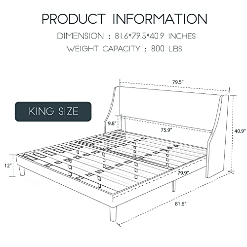 Einfach King Size Platform Bed Frame with Wingback Headboard/Fabric Upholstered Mattress Foundation with Wooden Slat Support, Dark Grey