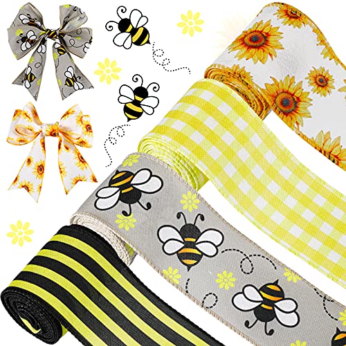 20 Yards Bee and Sunflower Wired Ribbon 2.5 Inch Wide Honeybee Craft Ribbon Black Yellow Wired Edge Ribbon for DIY Wrapping Crafts Decor Party Ornaments, 4 Rolls