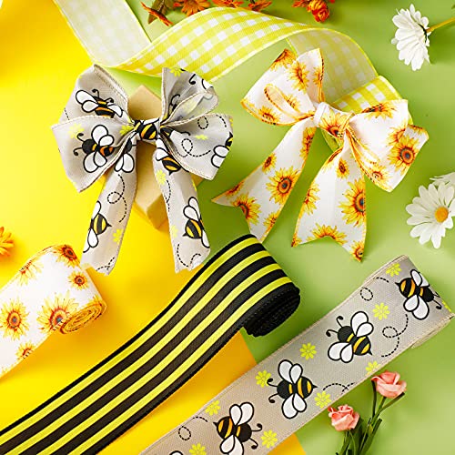 20 Yards Bee and Sunflower Wired Ribbon 2.5 Inch Wide Honeybee Craft Ribbon Black Yellow Wired Edge Ribbon for DIY Wrapping Crafts Decor Party Ornaments, 4 Rolls