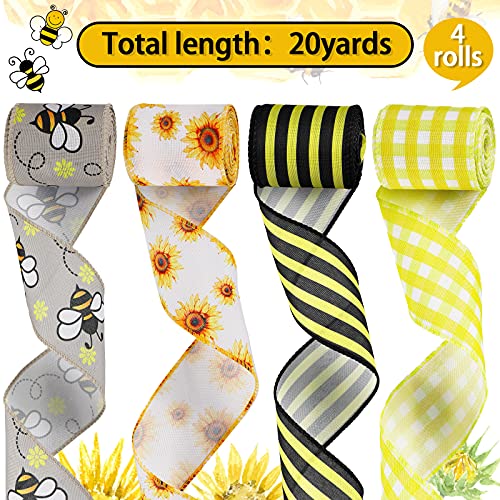 20 Yards Bee and Sunflower Wired Ribbon 2.5 Inch Wide Honeybee Craft Ribbon Black Yellow Wired Edge Ribbon for DIY Wrapping Crafts Decor Party Ornaments, 4 Rolls