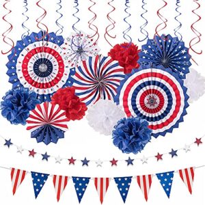 4th of july decorations 26pcs patriotic decorations set memorial election party supplies red white blue hanging paper fans, usa flag pennant, star streamer, pom poms, hanging swirls