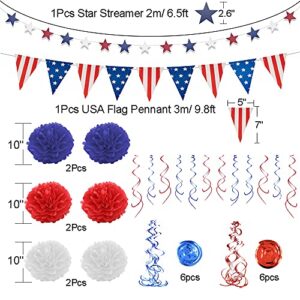 4th of July Decorations 26PCS Patriotic Decorations Set Memorial Election Party Supplies Red White Blue Hanging Paper Fans, USA Flag Pennant, Star Streamer, Pom Poms, Hanging Swirls