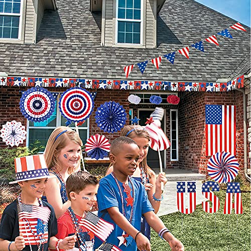 4th of July Decorations 26PCS Patriotic Decorations Set Memorial Election Party Supplies Red White Blue Hanging Paper Fans, USA Flag Pennant, Star Streamer, Pom Poms, Hanging Swirls