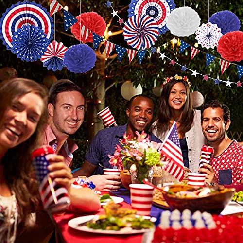 4th of July Decorations 26PCS Patriotic Decorations Set Memorial Election Party Supplies Red White Blue Hanging Paper Fans, USA Flag Pennant, Star Streamer, Pom Poms, Hanging Swirls