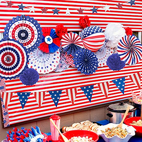 4th of July Decorations 26PCS Patriotic Decorations Set Memorial Election Party Supplies Red White Blue Hanging Paper Fans, USA Flag Pennant, Star Streamer, Pom Poms, Hanging Swirls