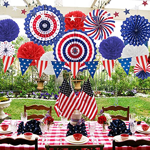 4th of July Decorations 26PCS Patriotic Decorations Set Memorial Election Party Supplies Red White Blue Hanging Paper Fans, USA Flag Pennant, Star Streamer, Pom Poms, Hanging Swirls