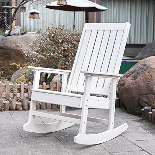 DOALBUN OKL Outdoor Rocking Chairs All-Weather Oversized Plastic Rocker Chair with Curved Seat for Garden, Lawn, Backyard,Indoors, Patio Porch Rocker,350lbs (White)